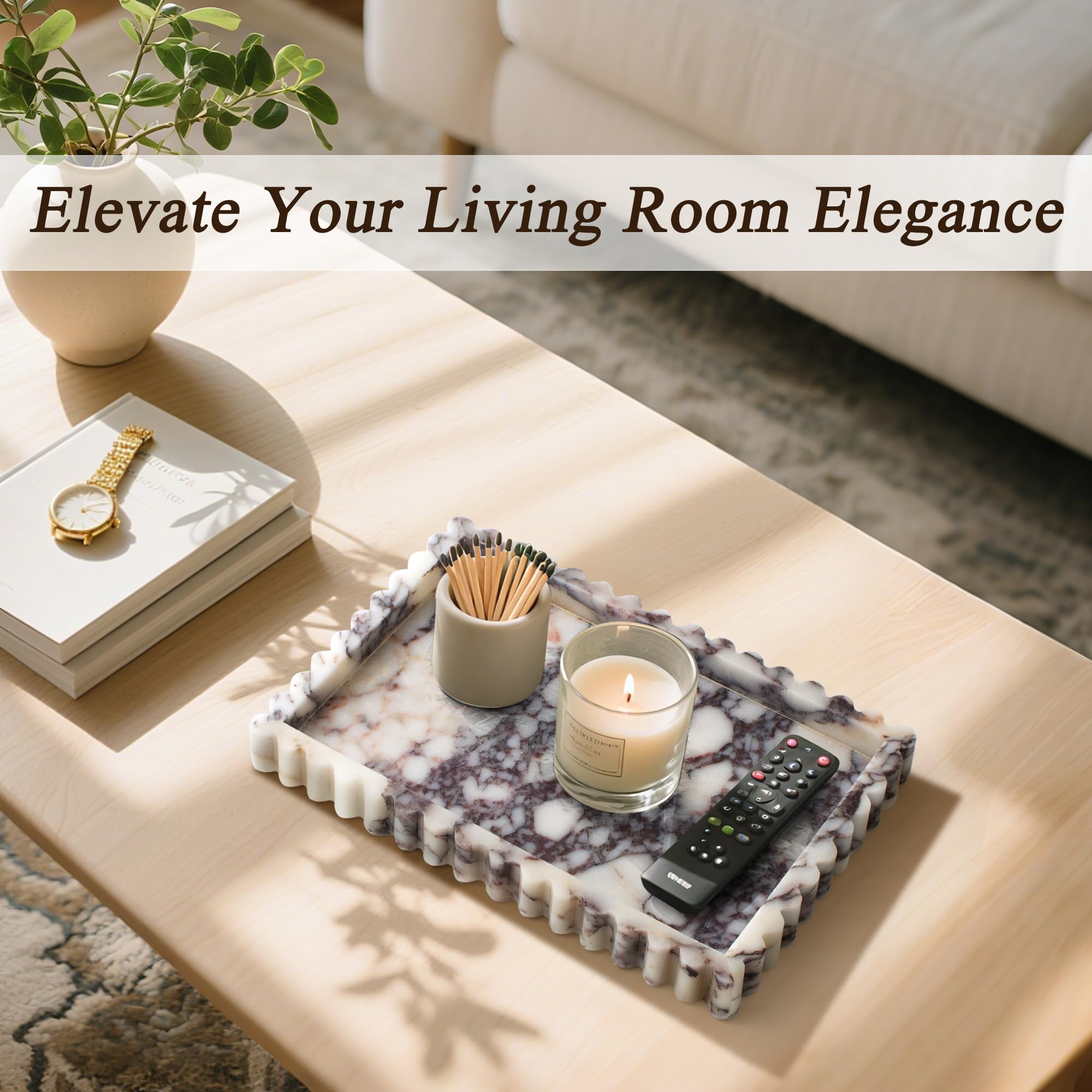 YMXYJM marble tray on vanity elevates dresser decor while organizing small items.