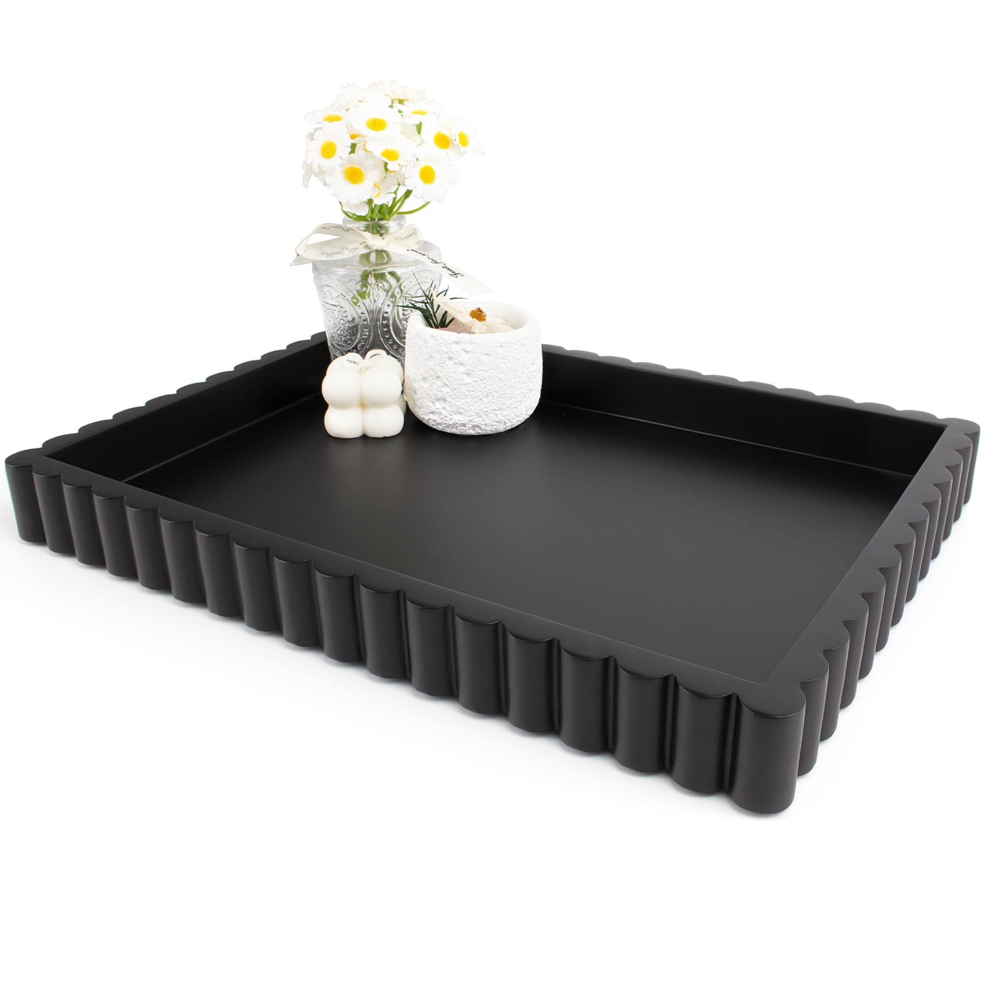 YMXYJM scalloped coffee table tray in black resin adds minimalist elegance to living rooms.