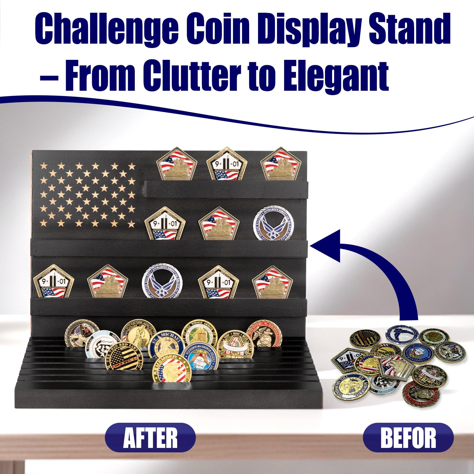 Yncotte 3+9 tiered layout showcases prized medals and coins.