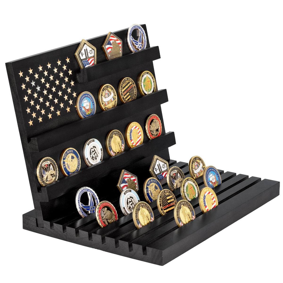 Yncotte challenge coin display stand in black wood, secure home for your military coins.