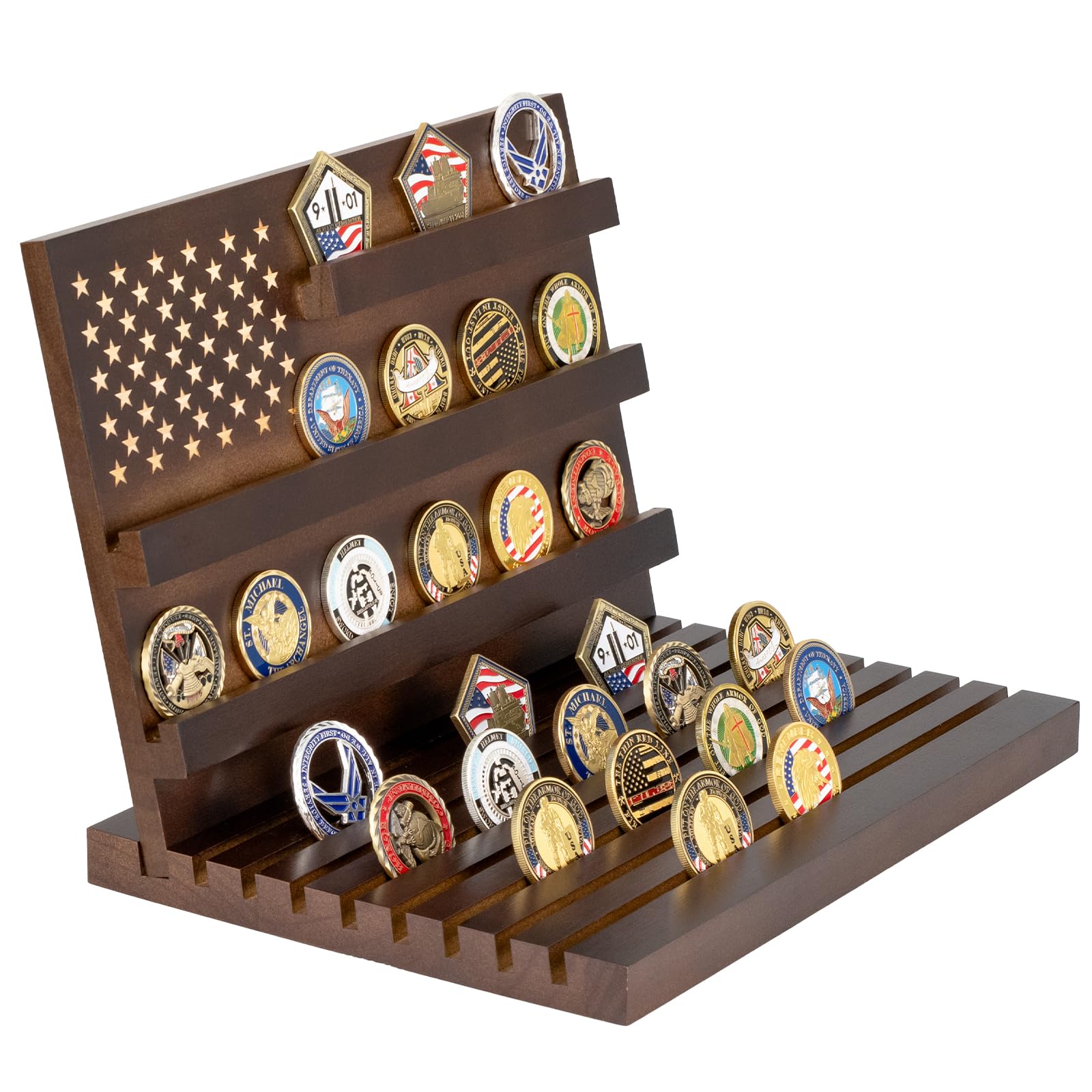 Yncotte walnut challenge coin display stand shows secure slots for coins