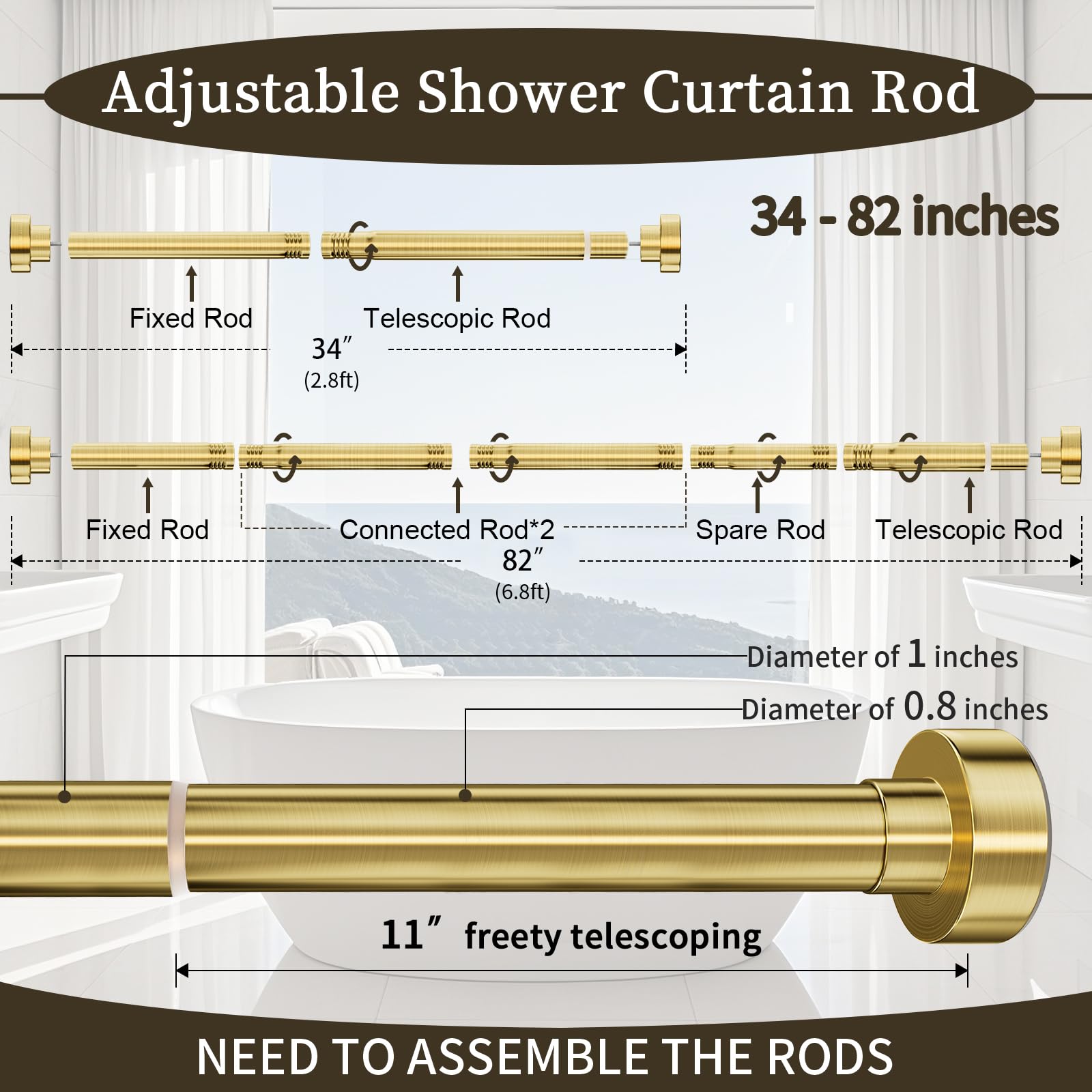 YNL brushed gold shower rod in a bathroom setup with curtain