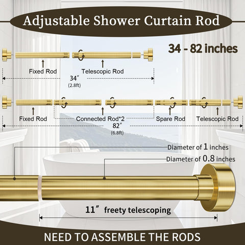 YNL brushed gold shower rod in a bathroom setup with curtain