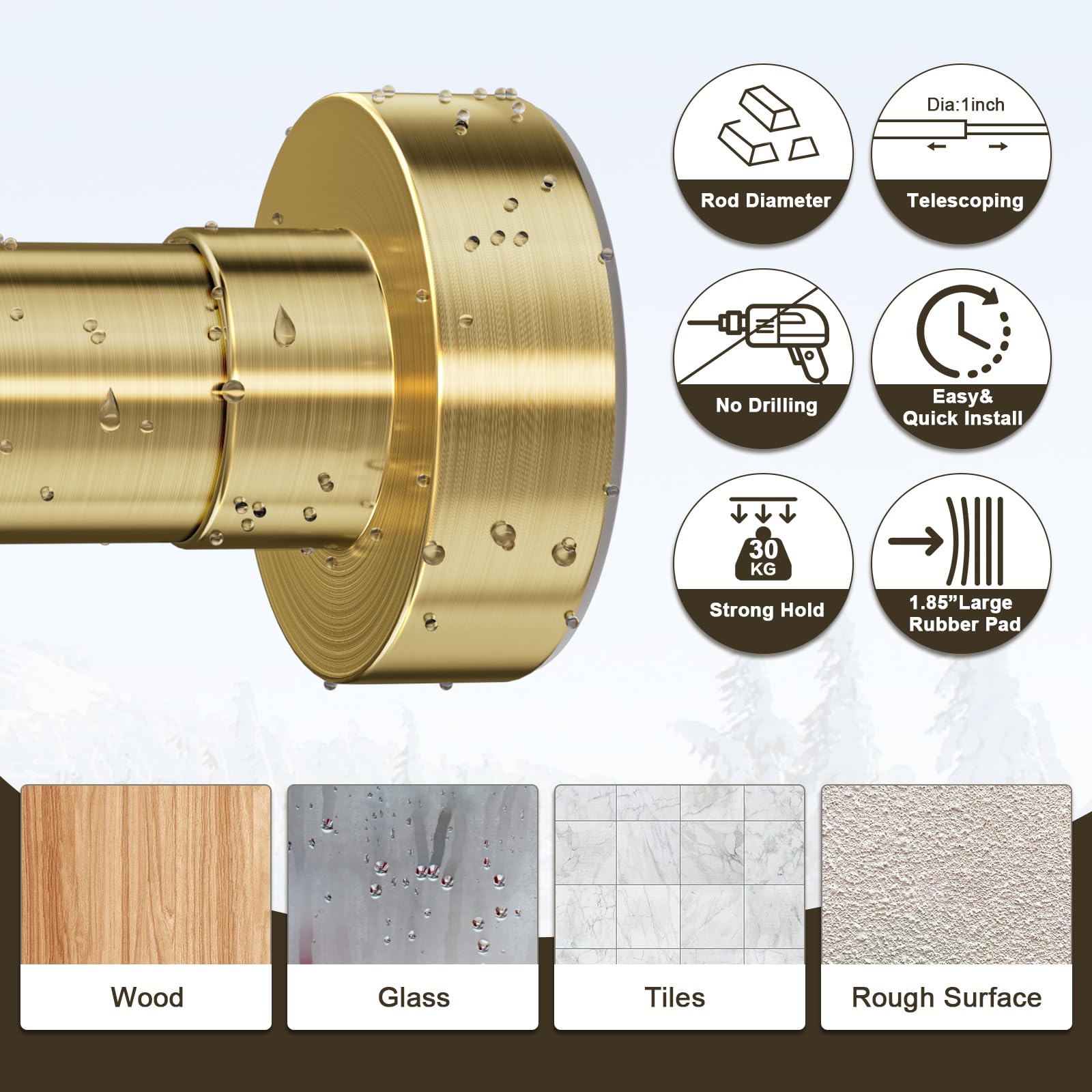 YNL brushed gold shower rod segments connected for even weight distribution