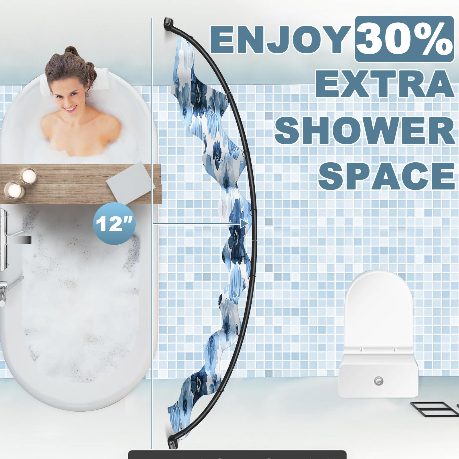 In-use image demonstrates extra shower space and curtain clearance.
