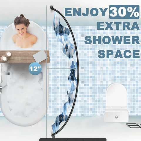In-use image demonstrates extra shower space and curtain clearance.