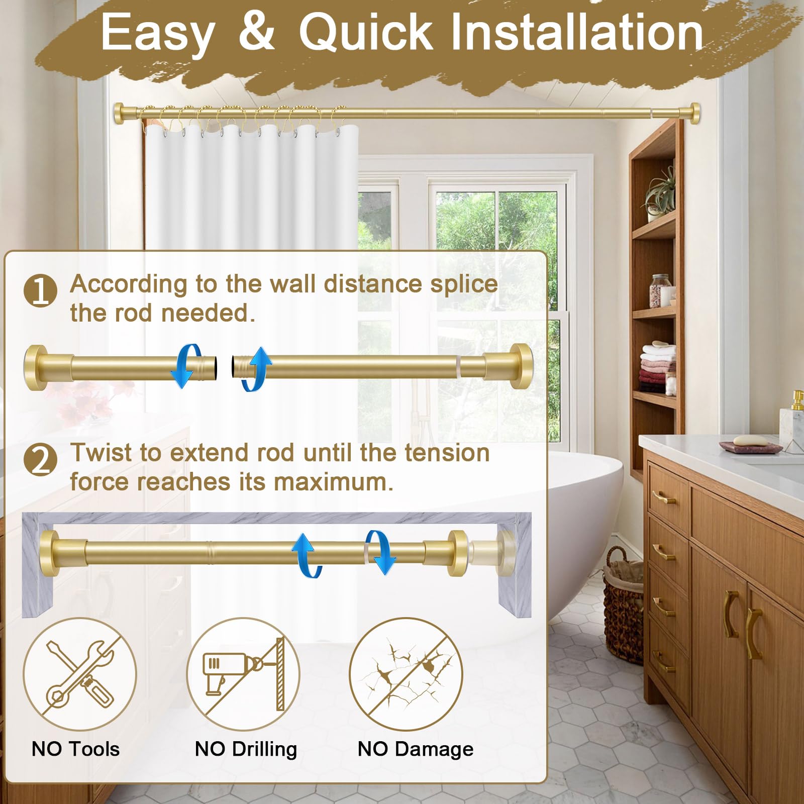YNL Gold Shower Curtain Rod adjusts easily to fit standard showers.