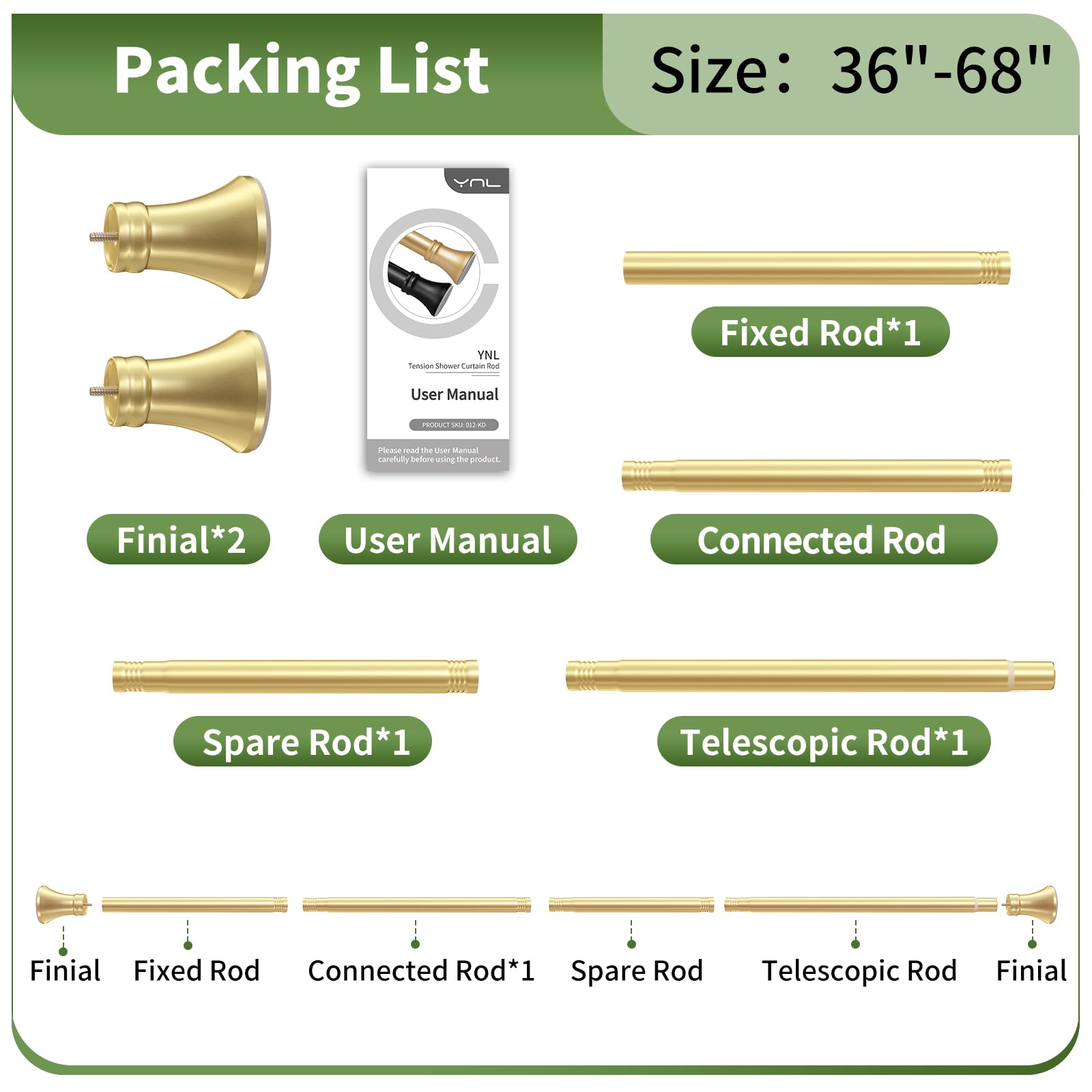YNL Gold Shower Rod after-sales-service highlights a 1-year warranty and support.