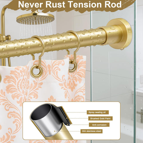 YNL Gold Shower Curtain Rod demonstrates no-drill tension mounting for renters.