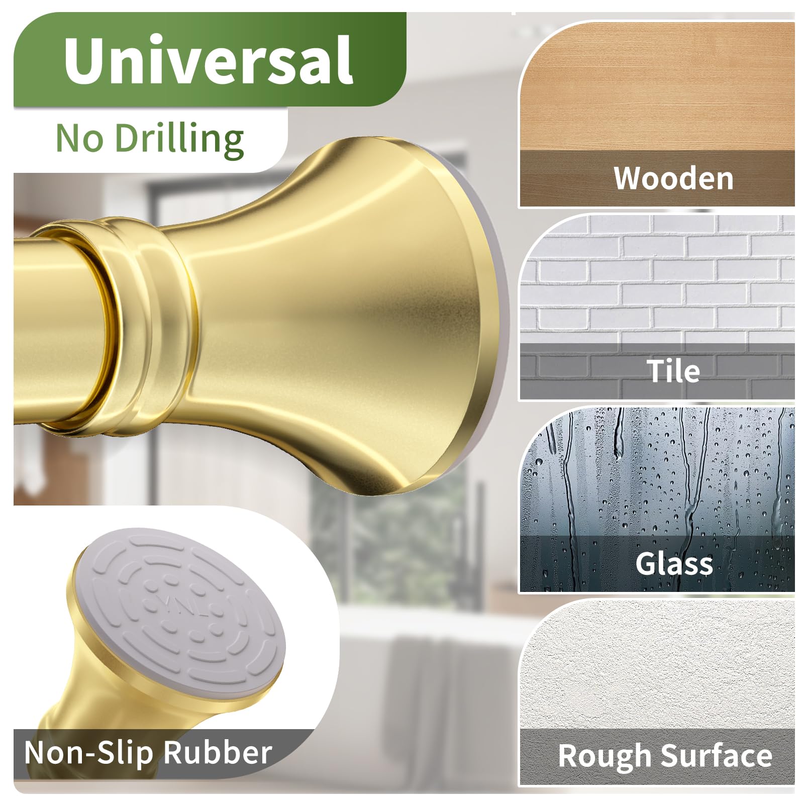 YNL Gold Shower Rod non-slip pads keep curtains steady in wet bathrooms.