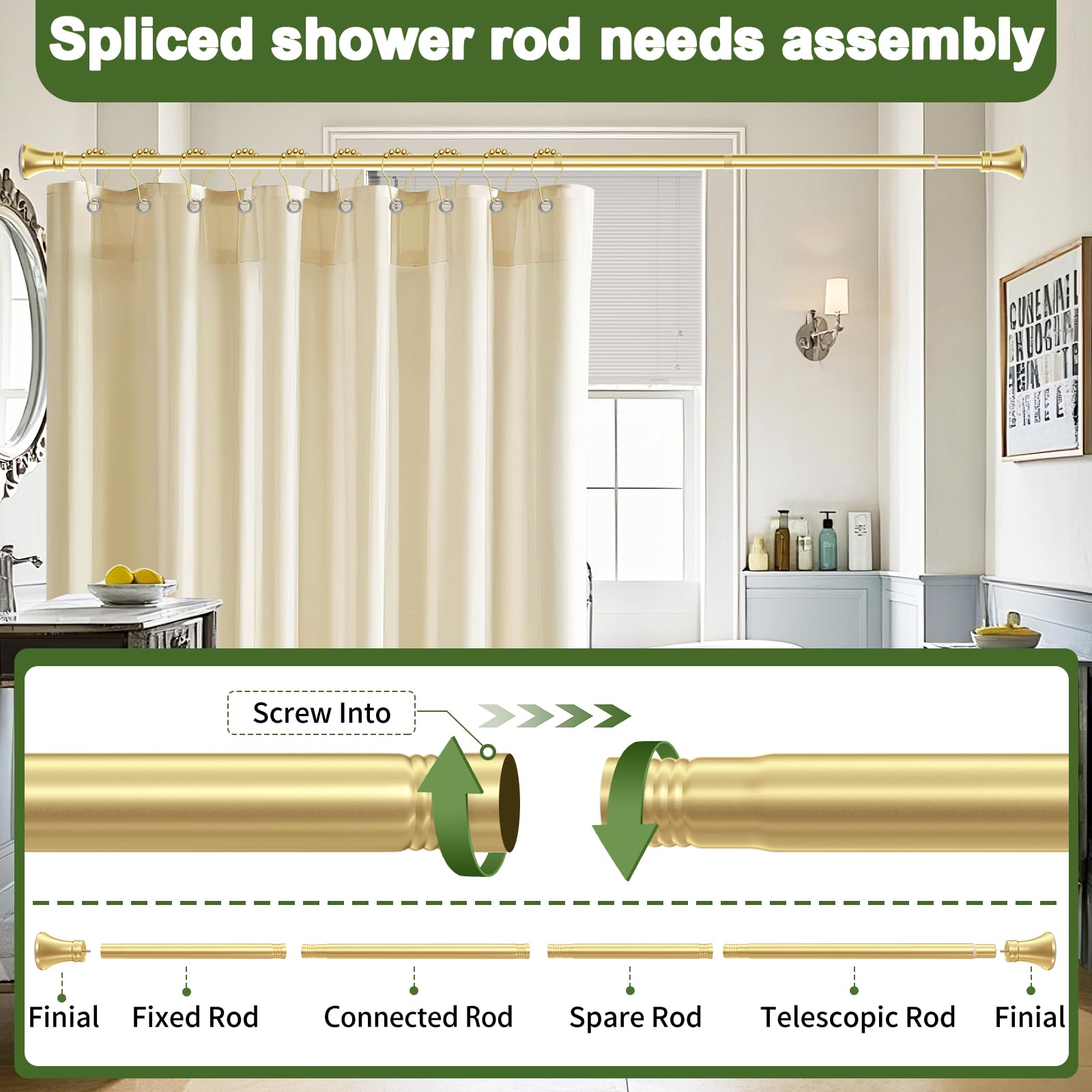 YNL Gold Shower Rod tension system provides strong hold without drilling.