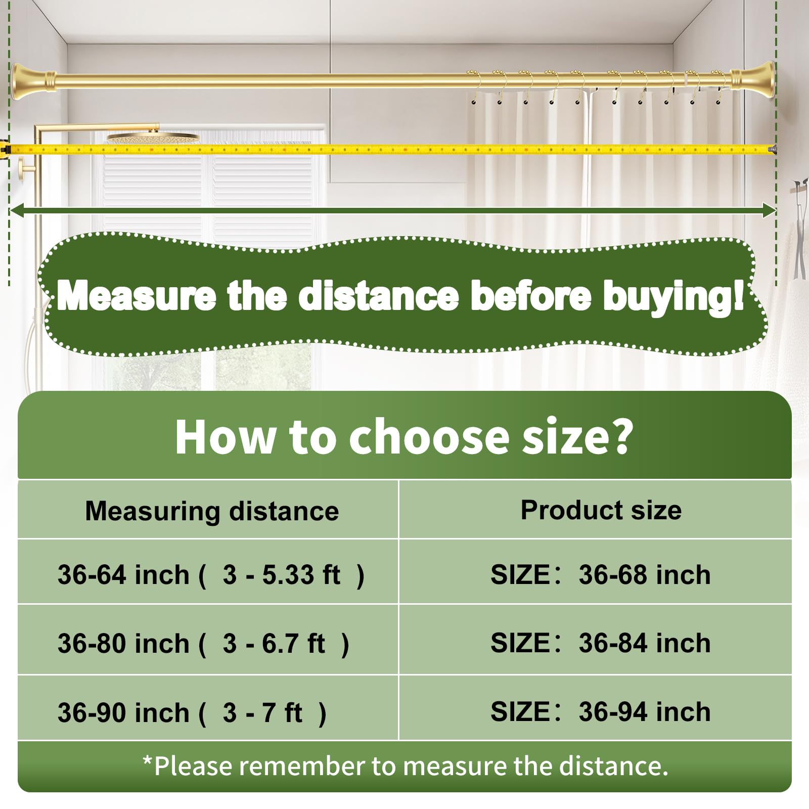 YNL Gold Shower Rod wall-application supports mounting on tile, glass, or wood.