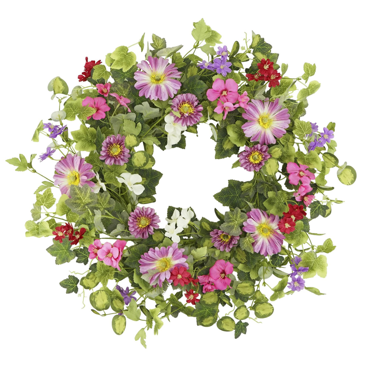 YNYLCHMX 18-inch wreath with pink daisies and eucalyptus for welcoming front door decor.