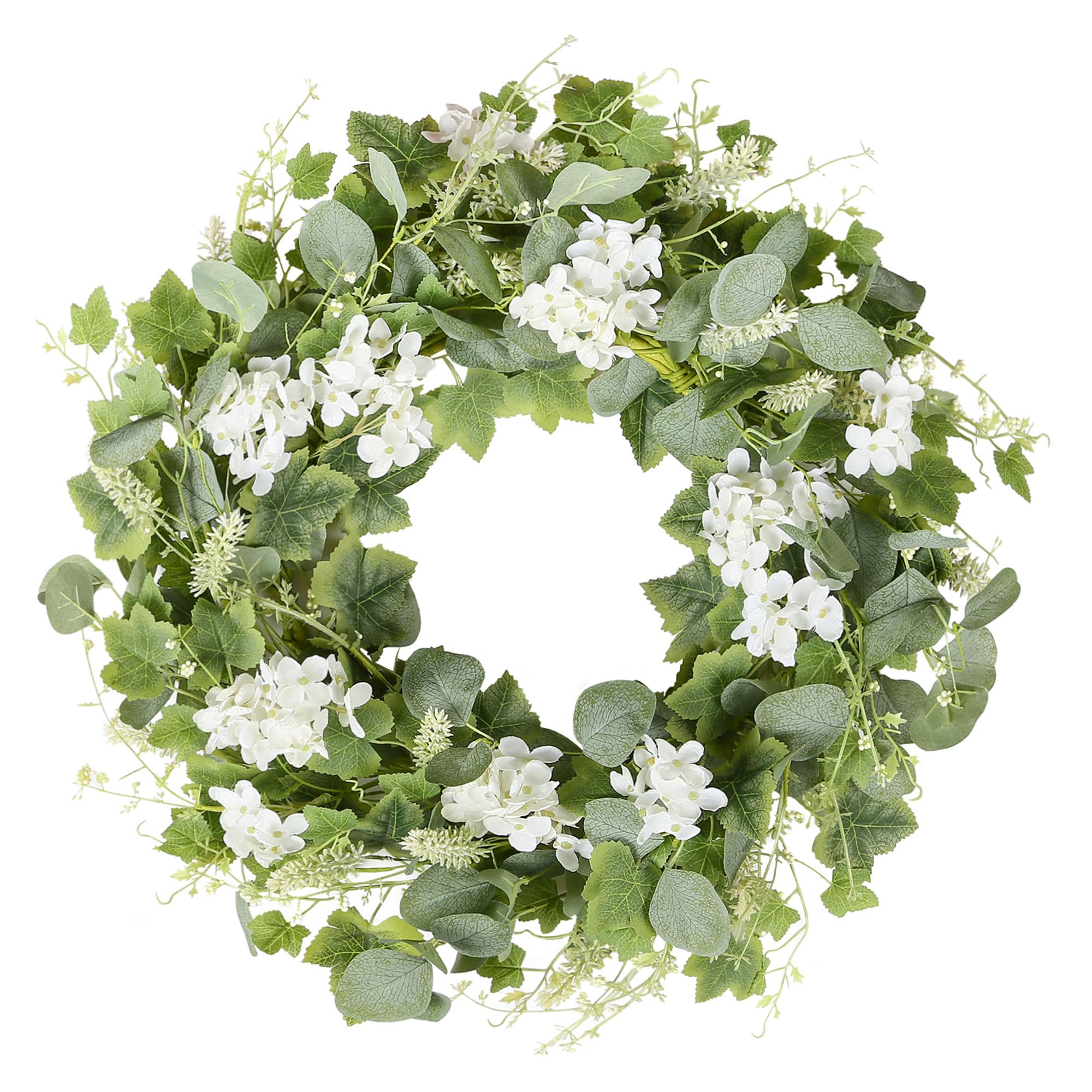 YNYLCHMX 18-inch wreath front door with white flowers and eucalyptus for year-round curb appeal.