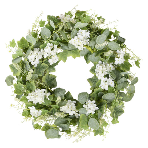 YNYLCHMX 18-inch wreath front door with white flowers and eucalyptus for year-round curb appeal.