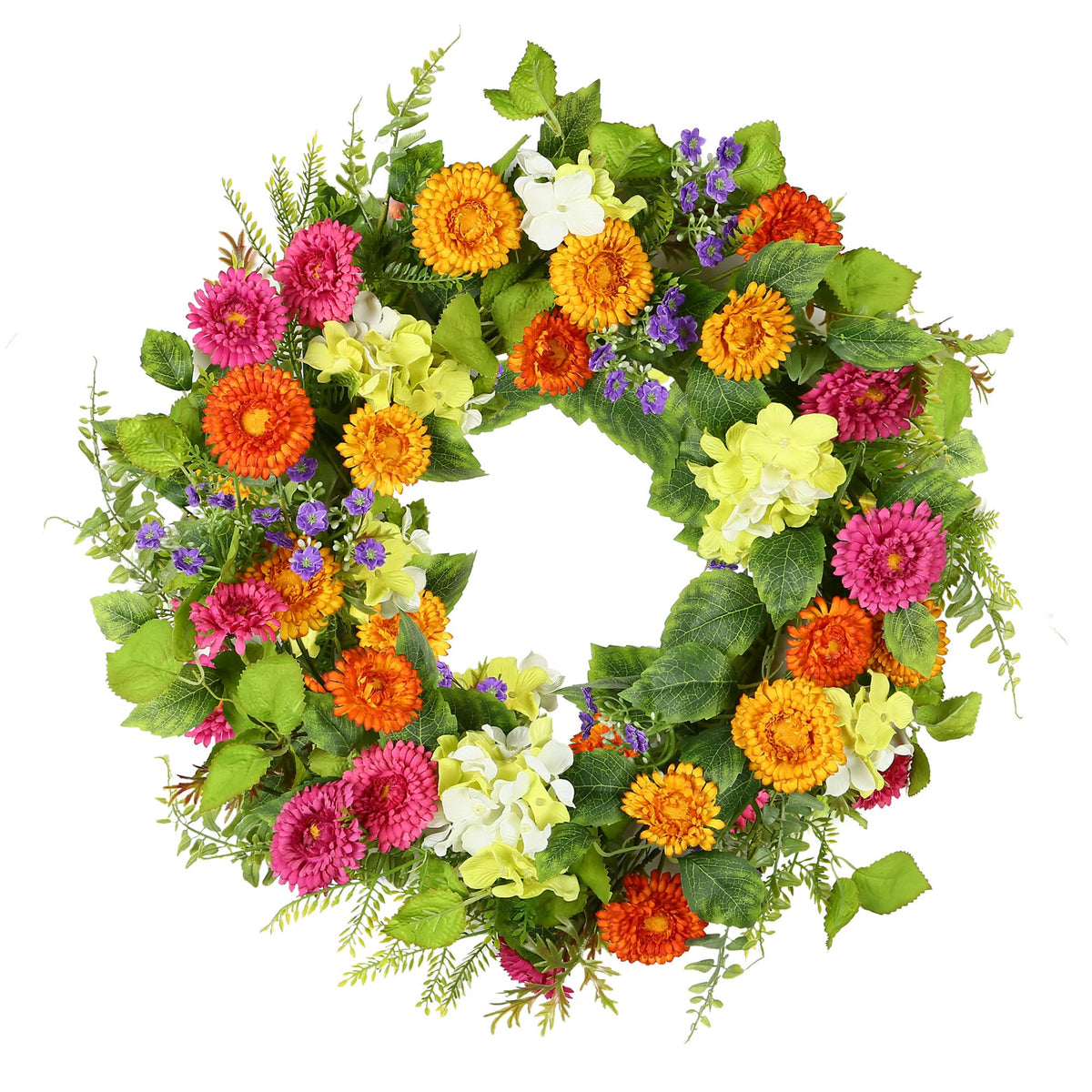 YNYLCHMX 18-inch wreath with daisies and green tea leaves for vibrant front door decor
