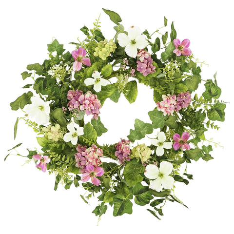YNYLCHMX 18-inch front door wreath with pink hydrangea for a vibrant spring welcome.