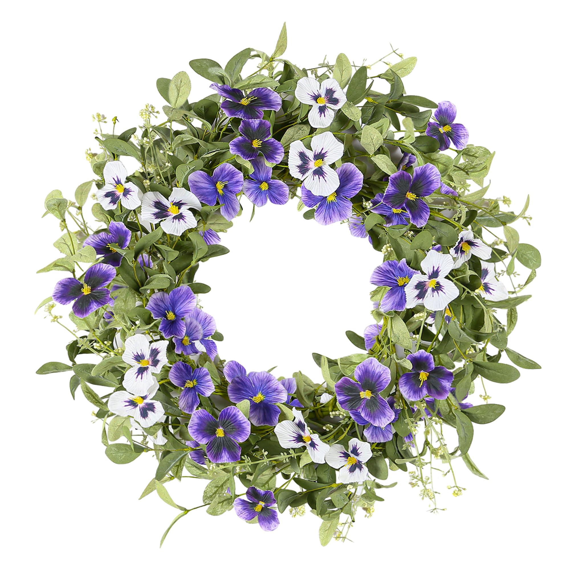 YNYLCHMX 18-inch wreath with purple pansies and eucalyptus for front door decor.