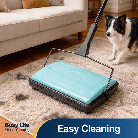Yocada carpet sweeper gathers crumbs and dust from low-pile rugs.