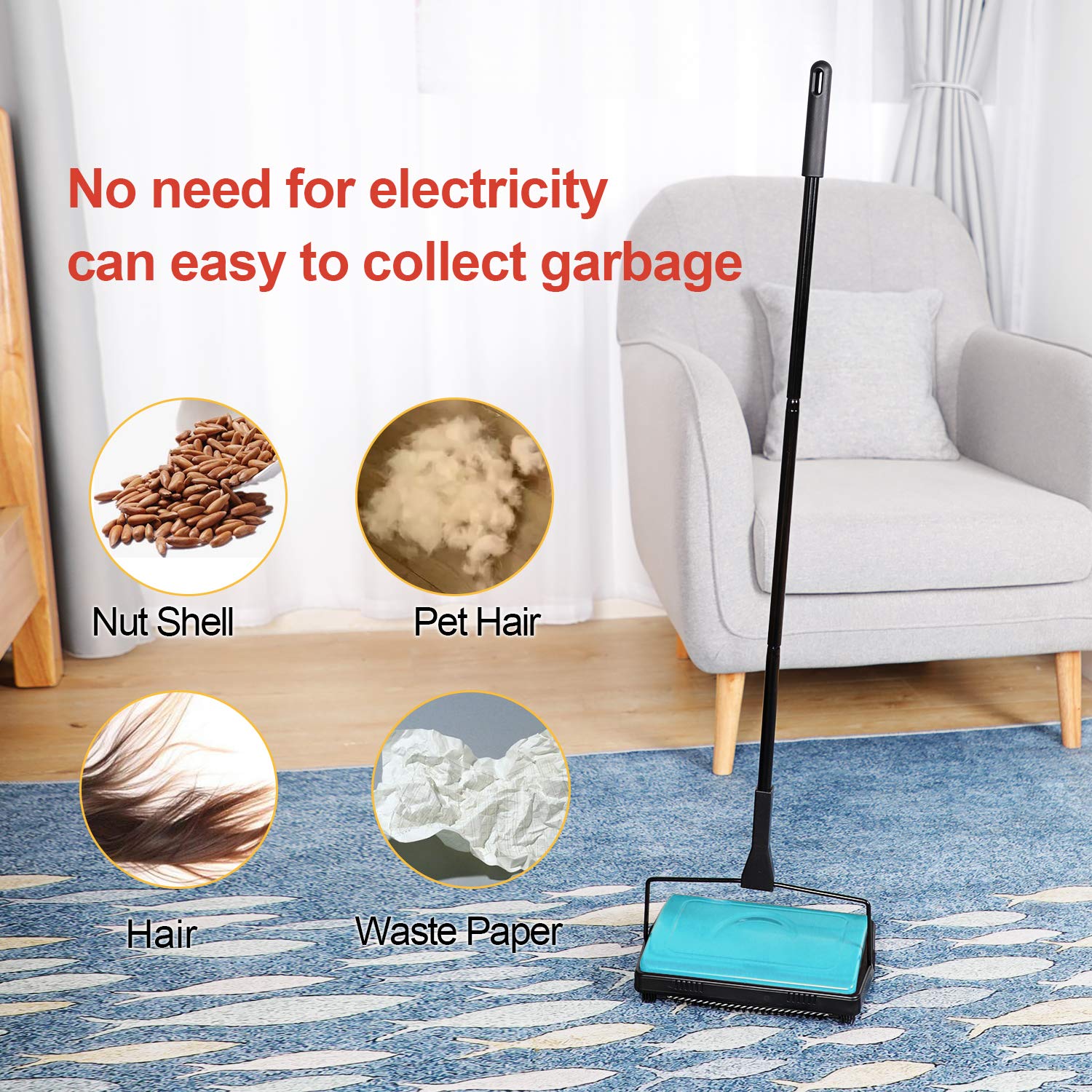 Yocada carpet sweeper handles small scraps and paper in offices.