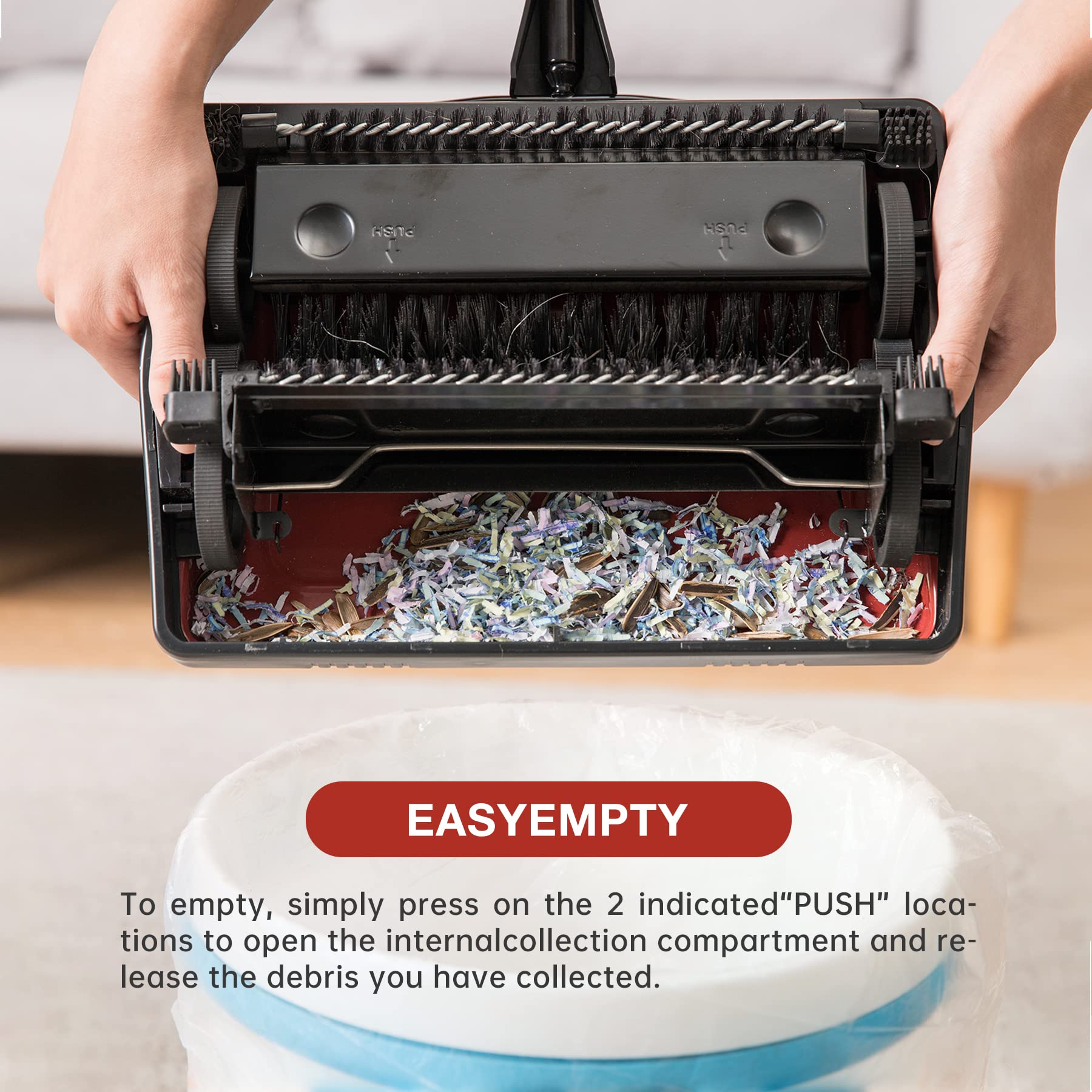 Yocada easy-empty button releases debris quickly after sweeping.