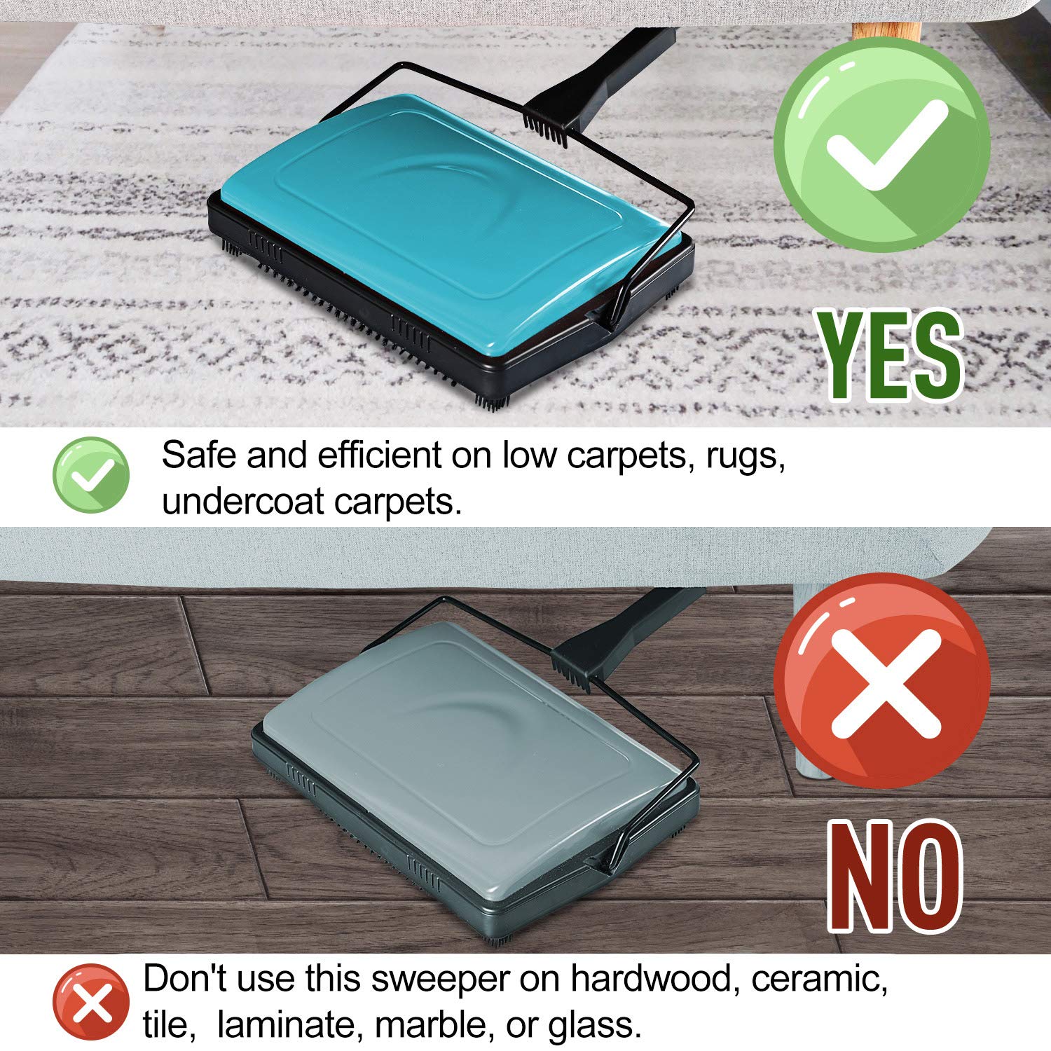Yocada carpet sweeper operates without electricity, reducing cords.