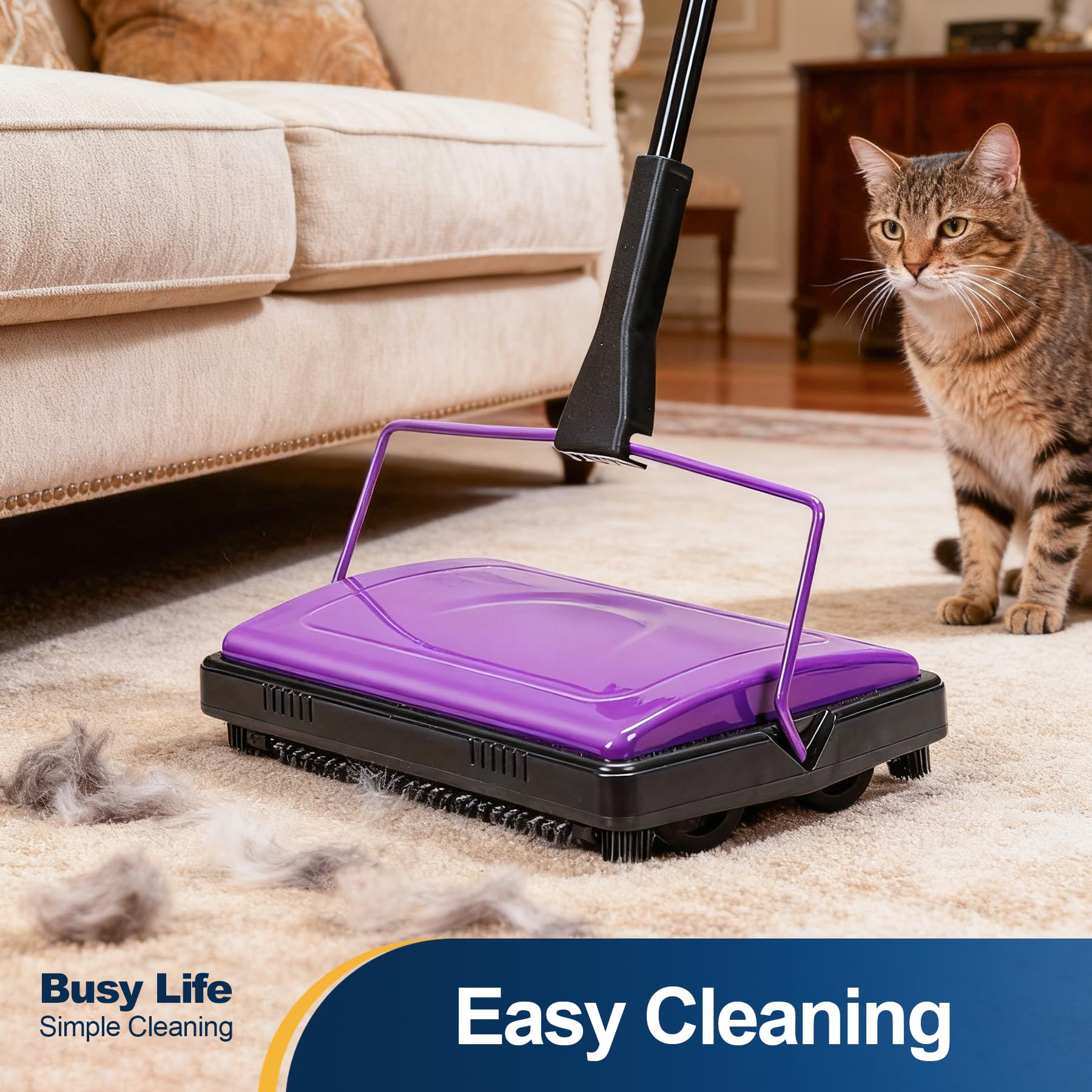 Yocada Carpet Sweeper cleans undercoat and rugs with ease.