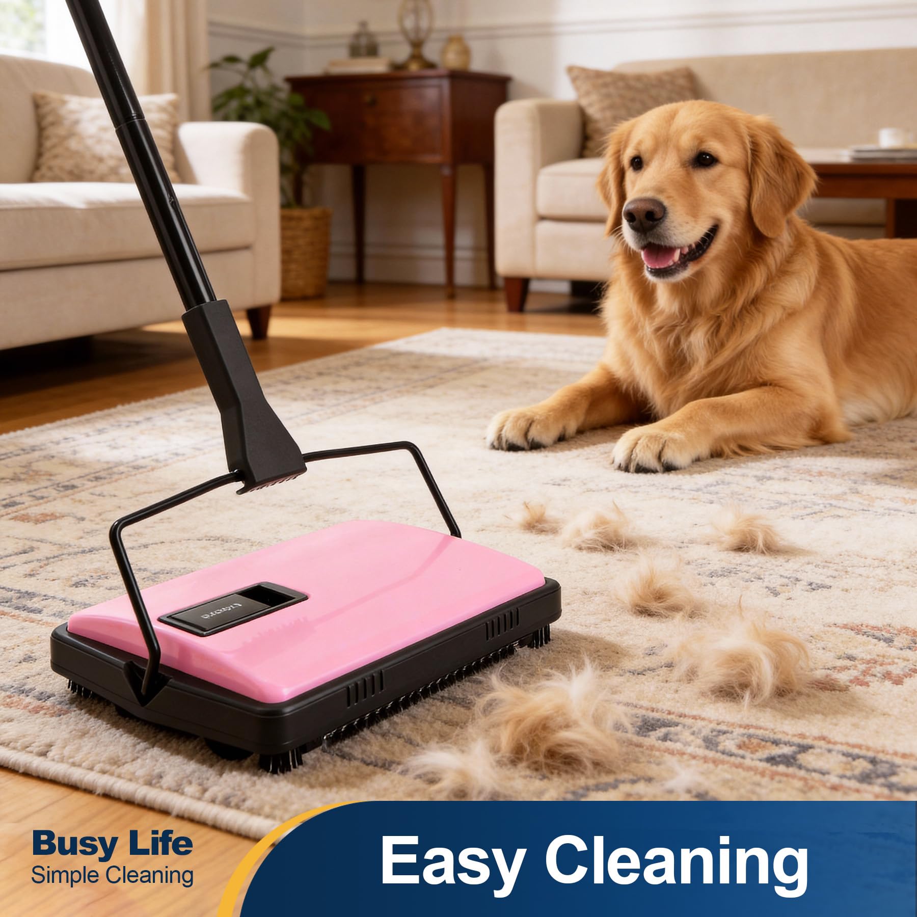 Yocada sweeper operating on a low-pile rug for debris pickup.