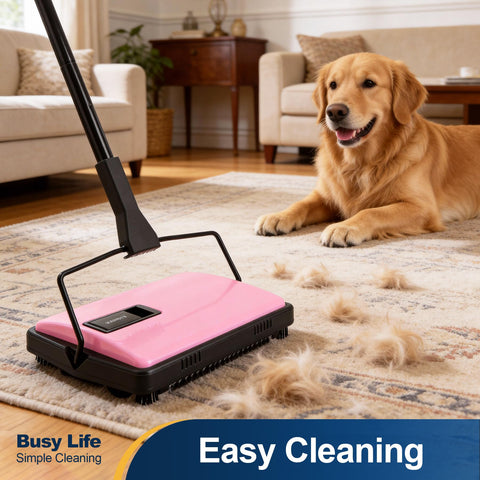 Yocada sweeper operating on a low-pile rug for debris pickup.