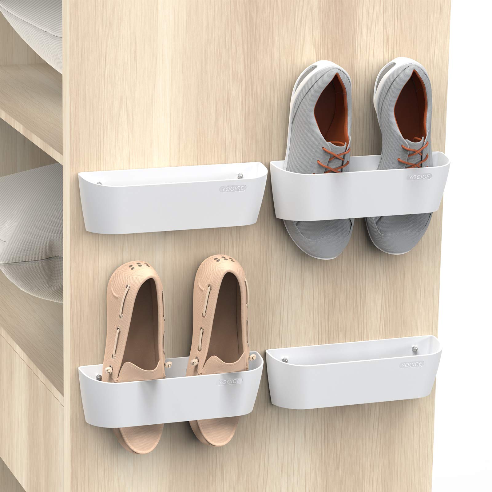 Yocice wall-mounted shoes rack four-pack on door saves space and organizes entryway.