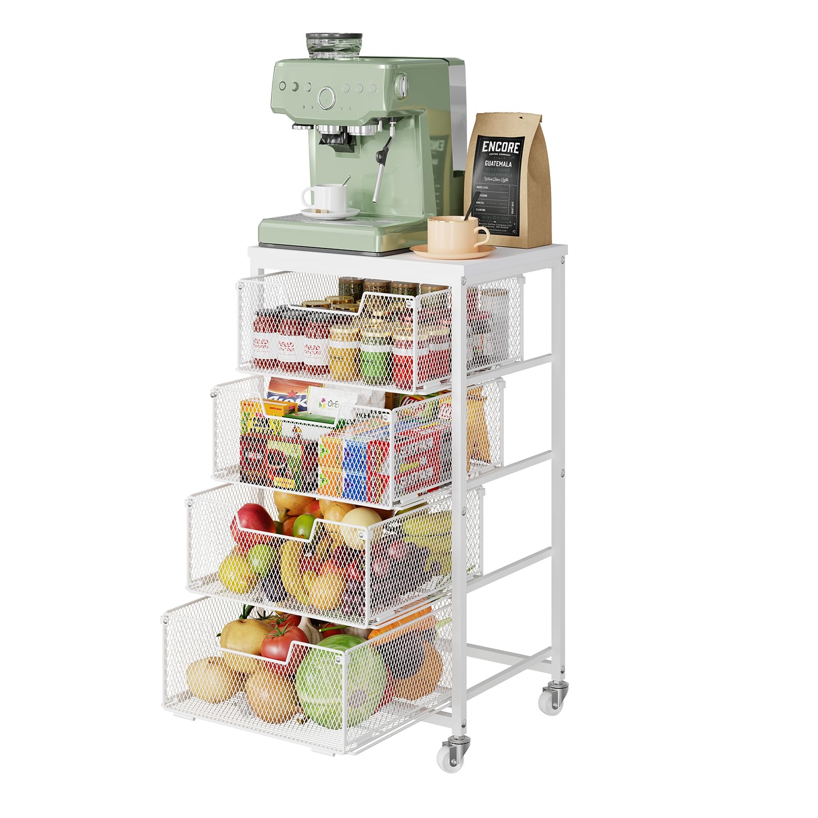 Yociyoga 4-Tier cart with wooden top for coffee maker and jars.
