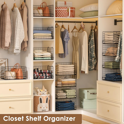 Yociyoga 4-tier stackable shelves organizing pants and shirts efficiently.