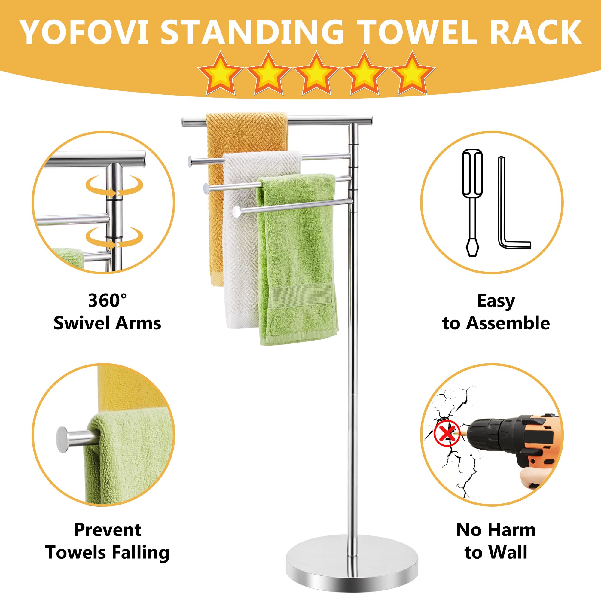 YOFOVI four-arm towel rack design with 360-degree rotation for better drying