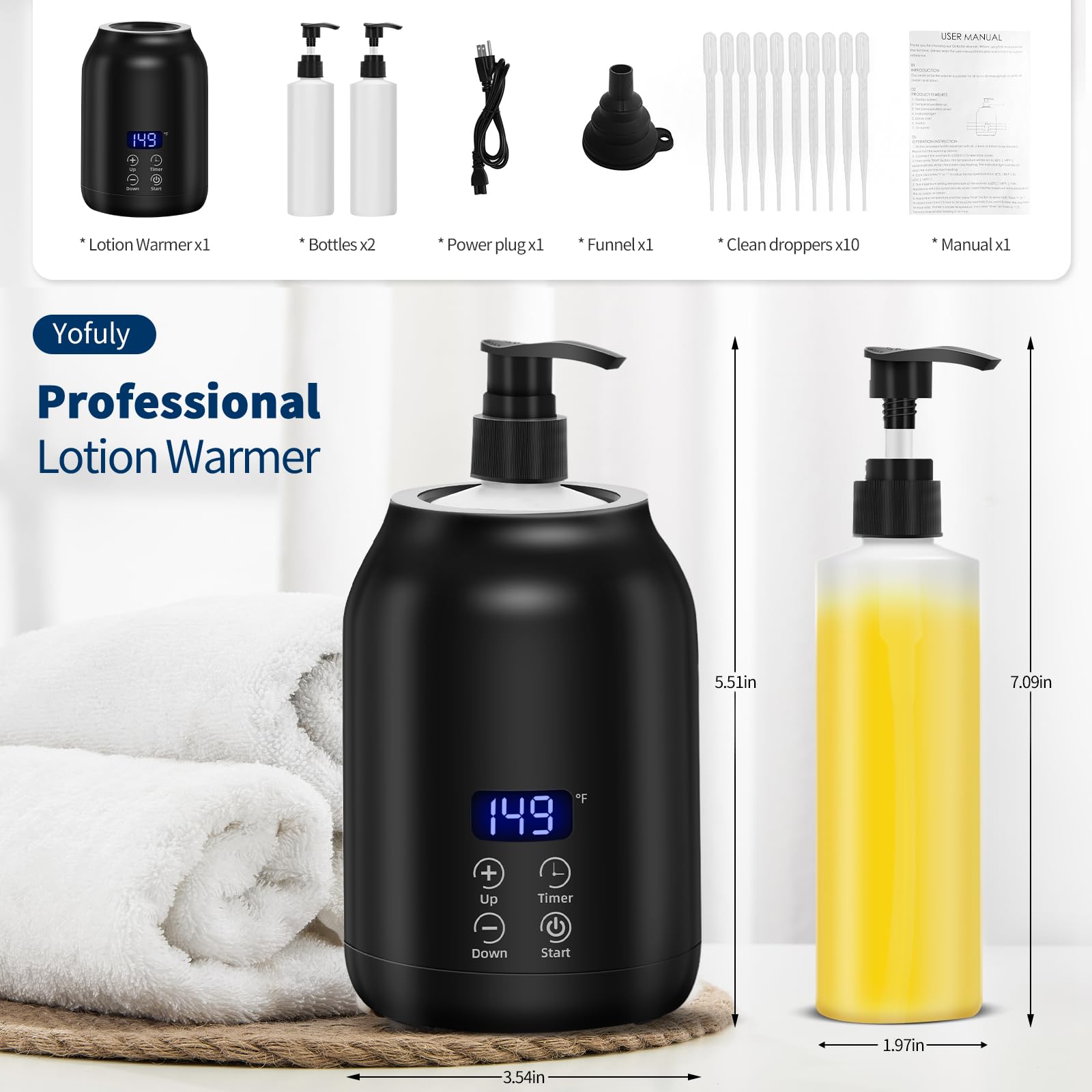 Yofuly warmer heats massage oil, body lotion, or gel for spa-like sessions