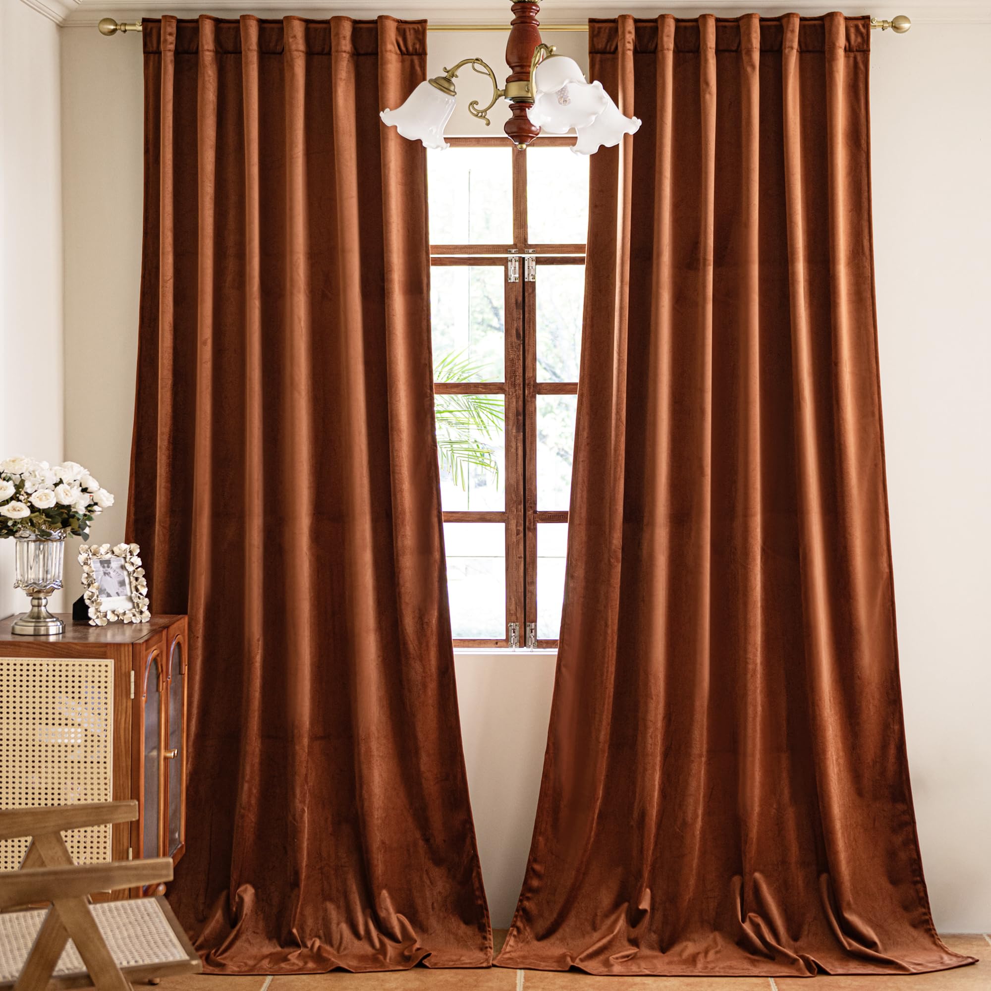 YOFUN burnt orange velvet curtains two-panel setup adds luxurious texture.