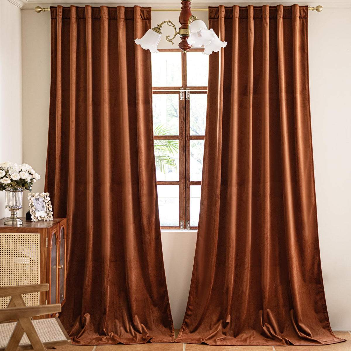 YOFUN burnt orange velvet curtains two-panel setup adds luxurious texture.