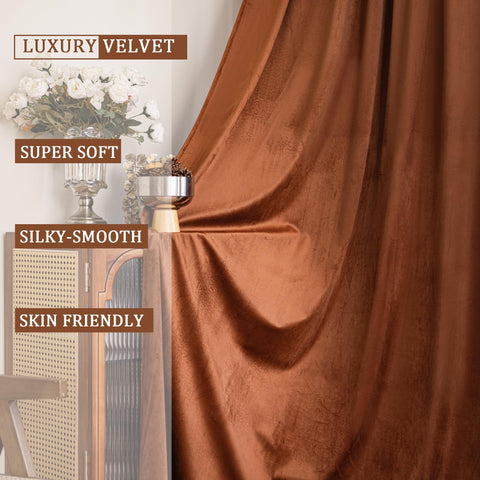 YOFUN velvet curtains show rod pocket and back tab hanging detail.