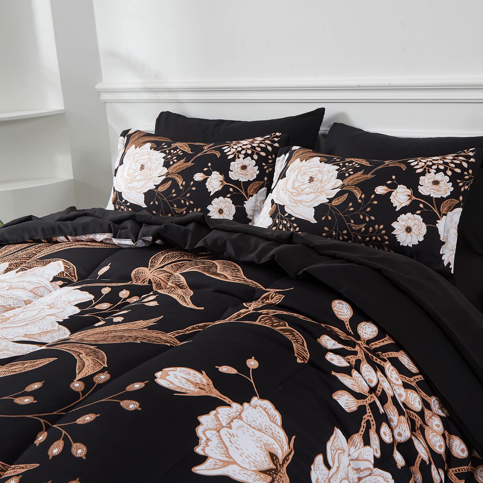 Yogeneg botanical floral black comforter adds bold style and all-season comfort.