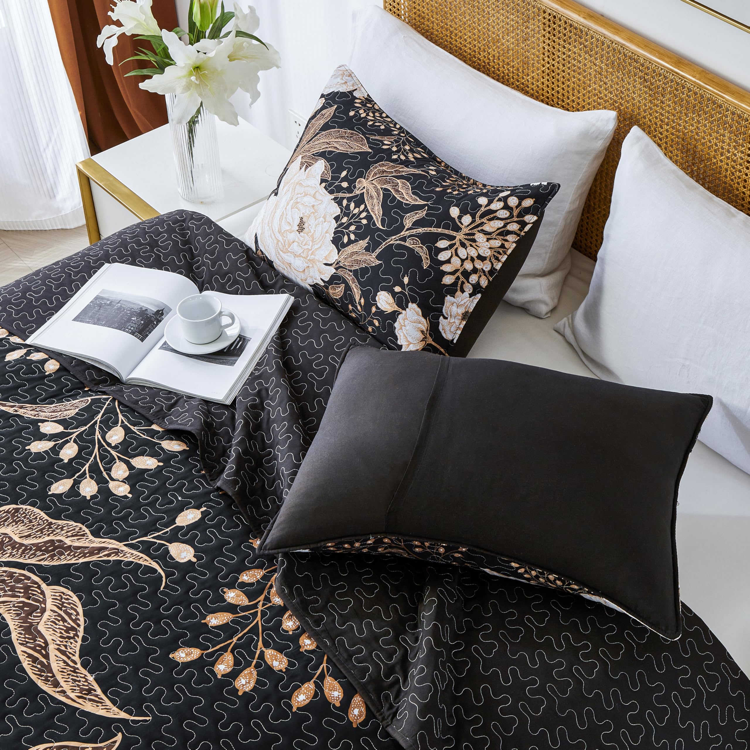 Yogeneg king-size quilt set white gold floral pattern detail adds elegant focal point.