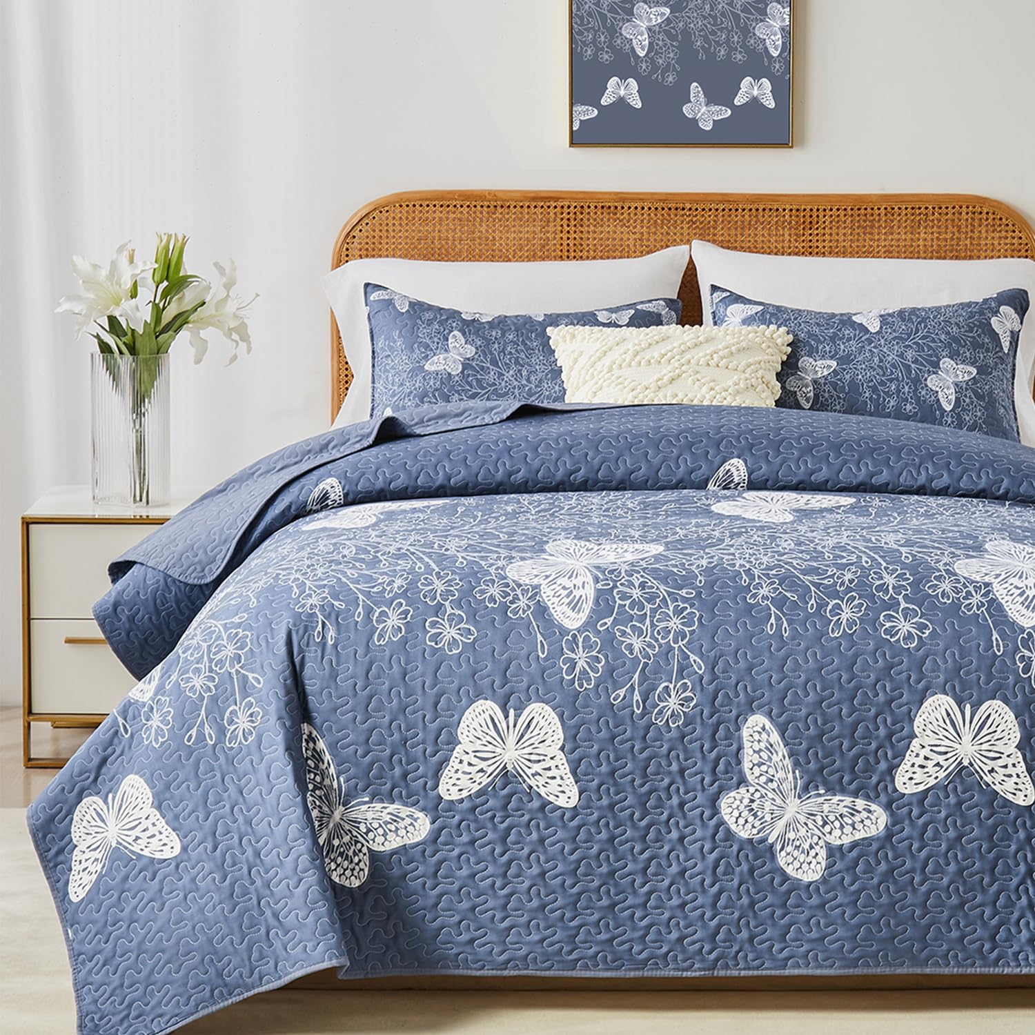 Yogeneg King Size Quilt with white butterfly pattern for a stylish, breathable bedroom upgrade.