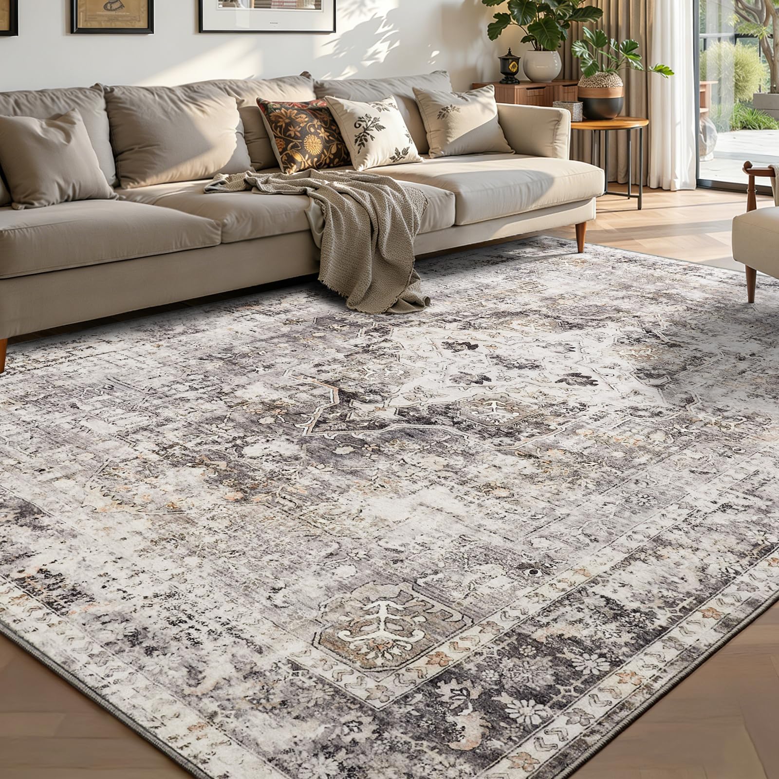 YOH Boho washable rug in charcoal, full room view showing versatile style