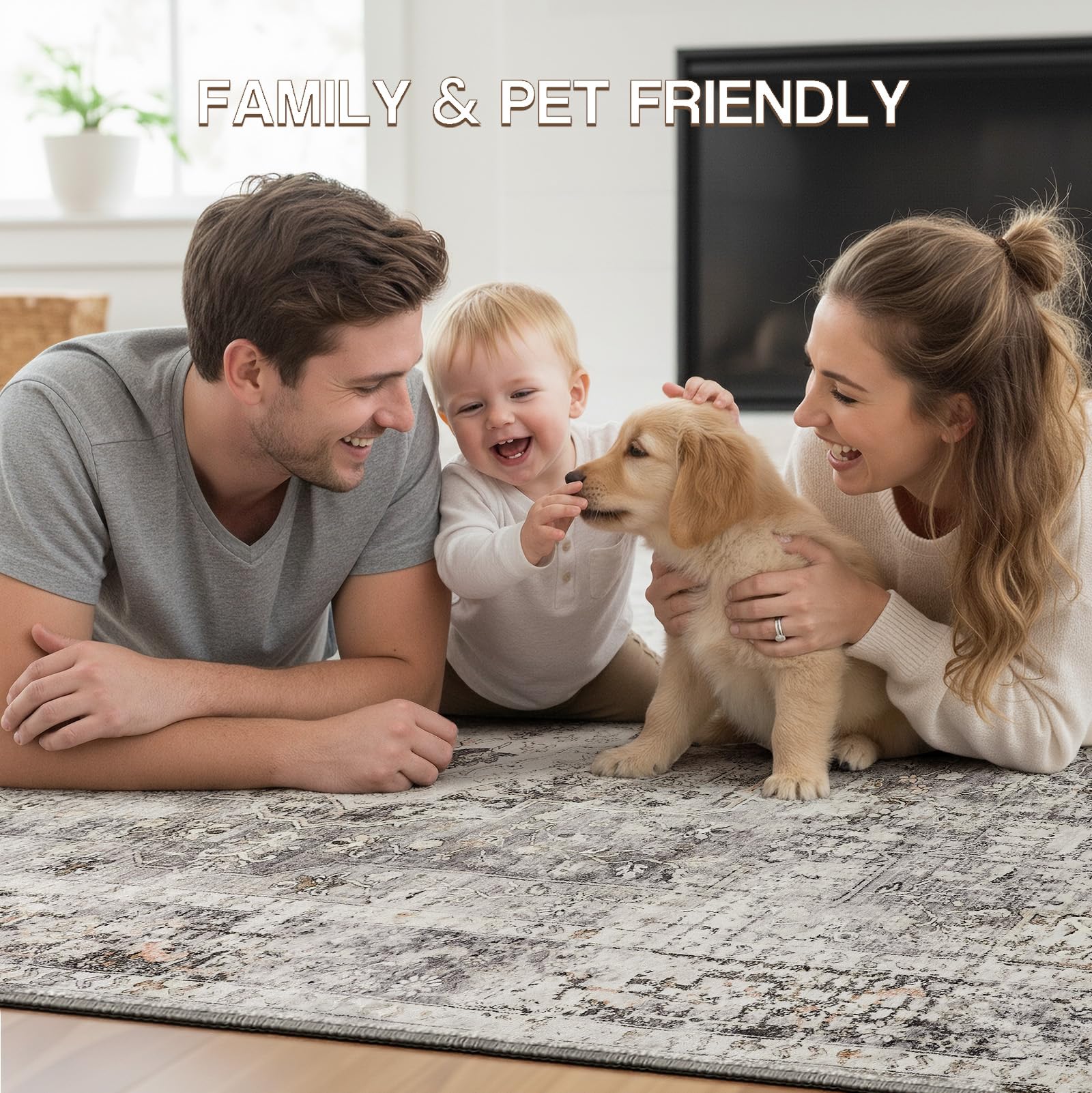 YOH Boho washable rug charcoal anti-slip backing keeps rug in place