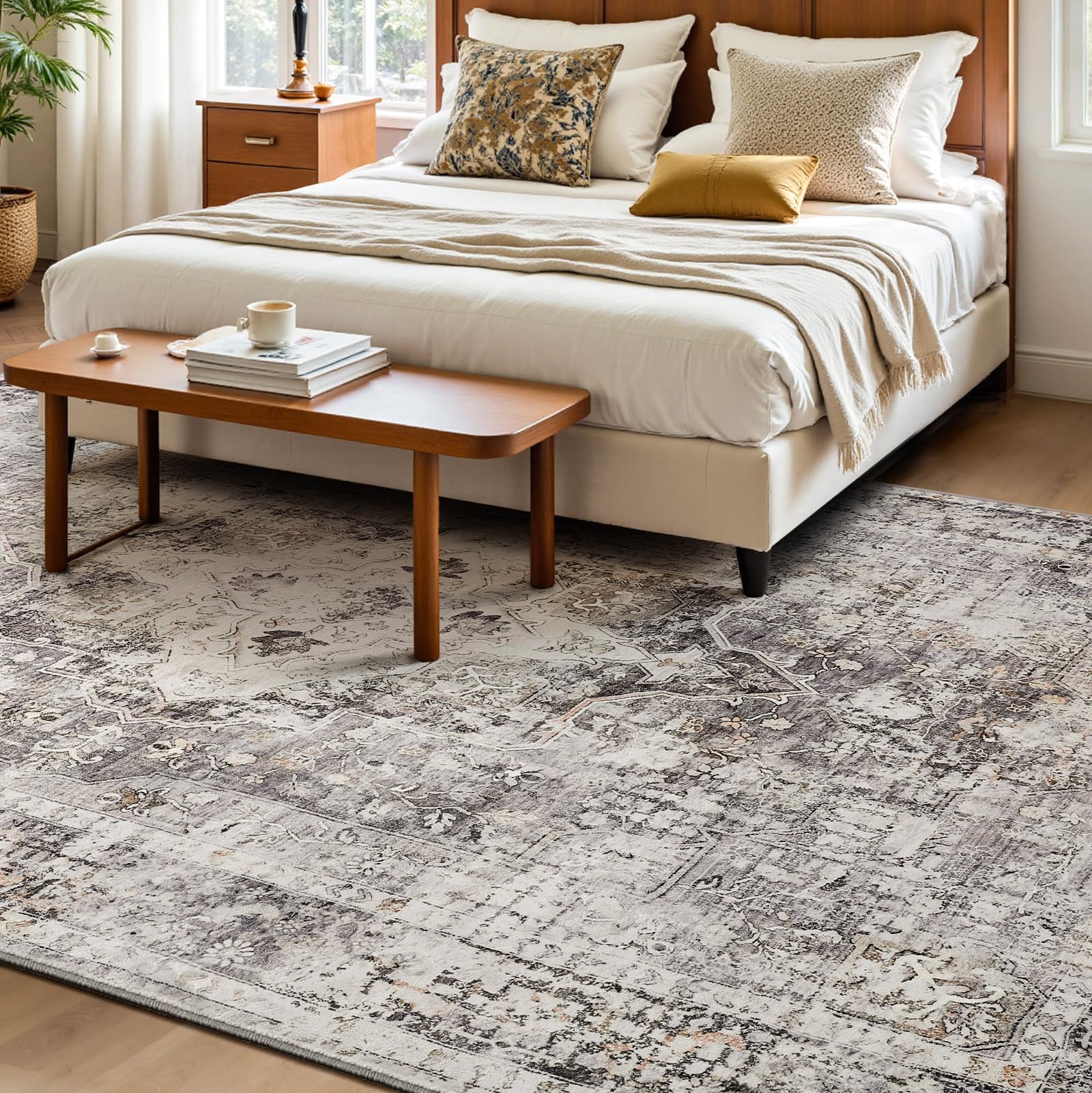 YOH Boho washable rug charcoal distressed pattern close-up highlights vintage texture