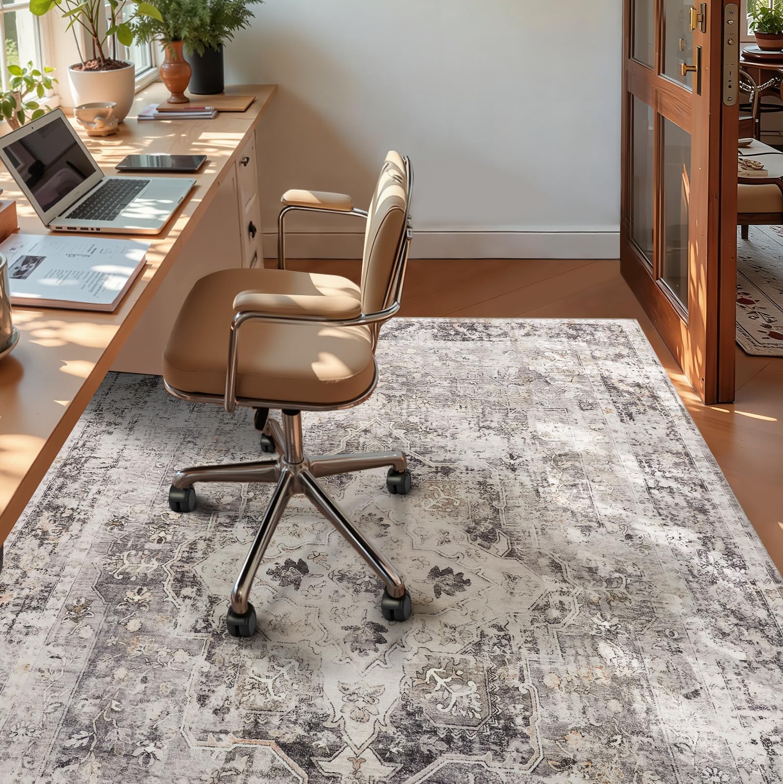 YOH Boho washable rug charcoal low-pile edge detail illustrates durability