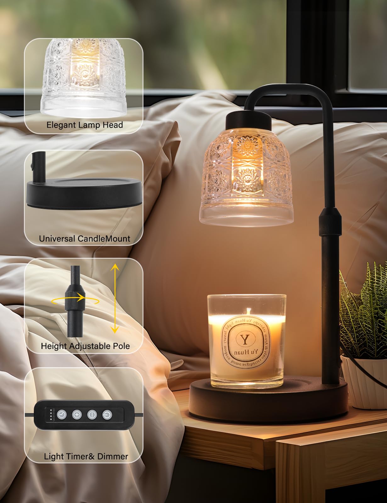 Yohonk Candle Warmer Lamp dimmable control adjusts brightness and melt speed.