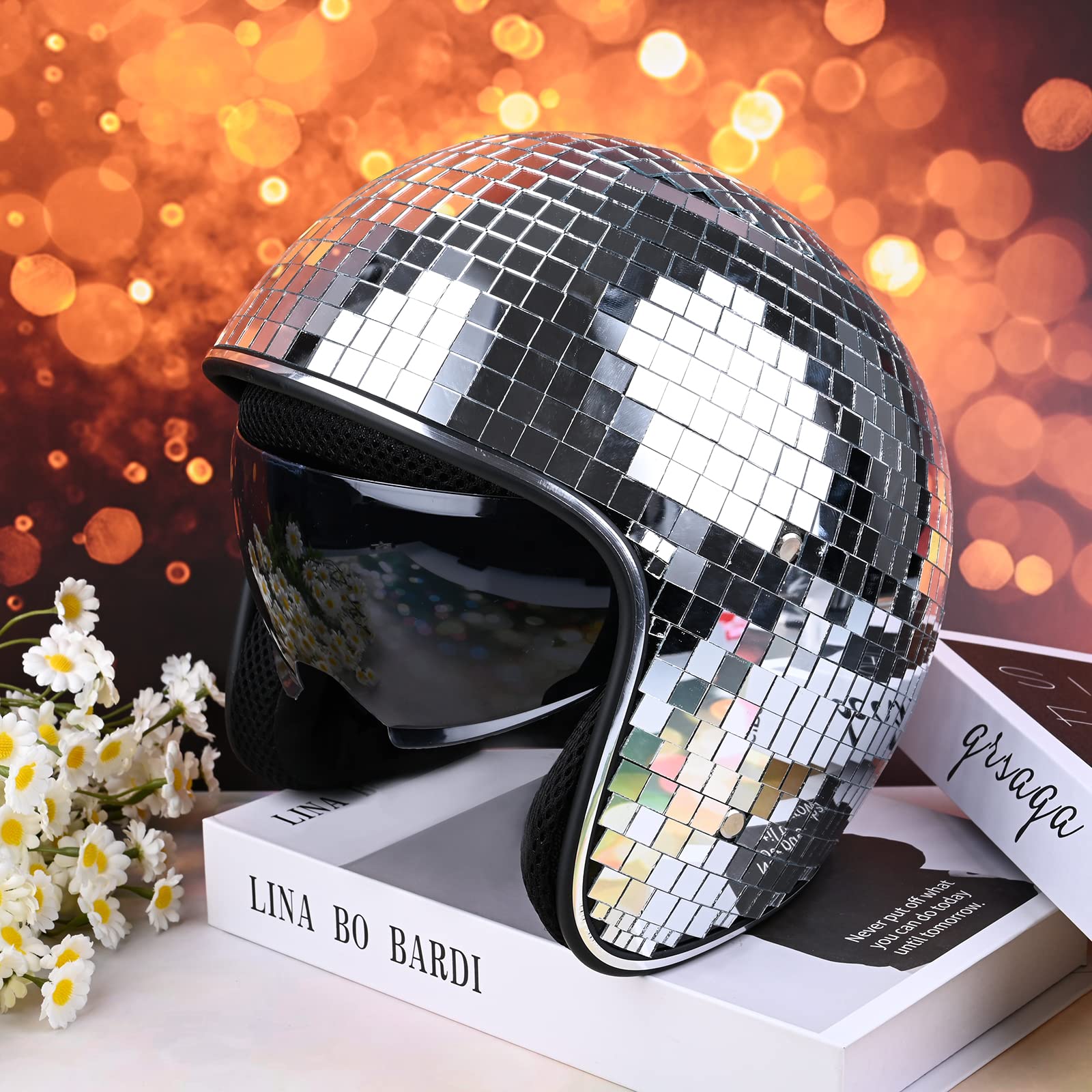 Yoiemivy disco helmet glitter mirror patches reflect light for nightlife impact.