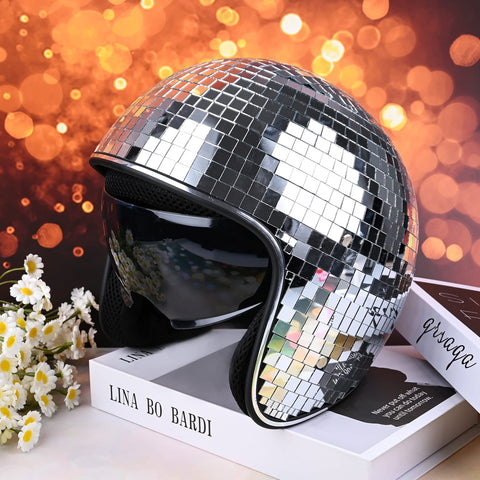 Yoiemivy disco helmet glitter mirror patches reflect light for nightlife impact.