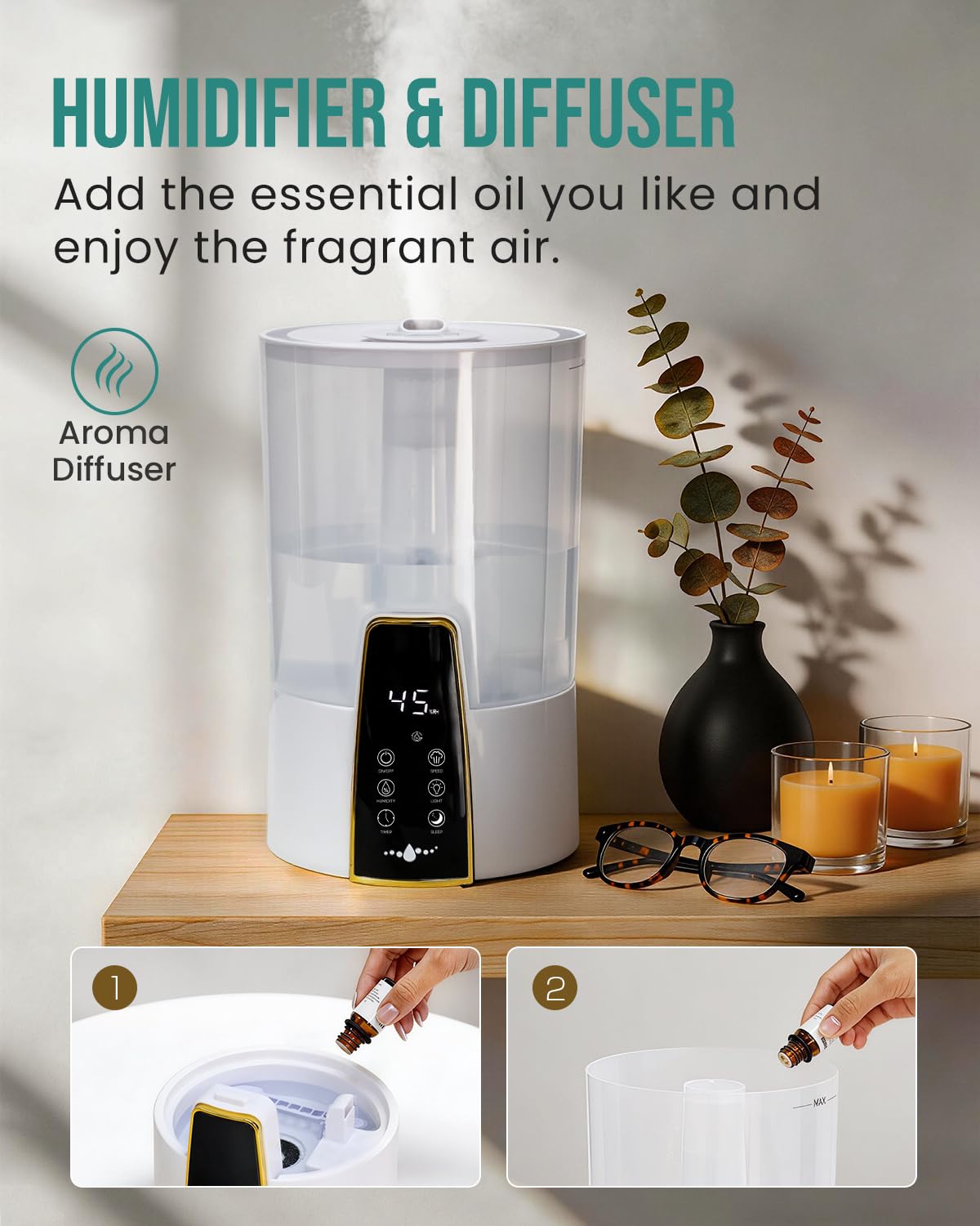 YOKEKON humidifier sleep mode with dimmed LEDs for quiet nights.