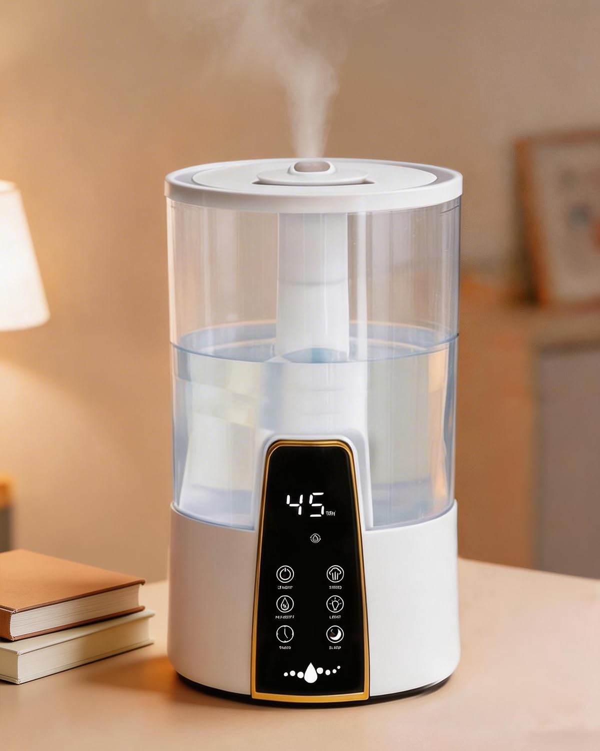YOKEKON humidifier in a bedroom showing large capacity tank for long runtime.