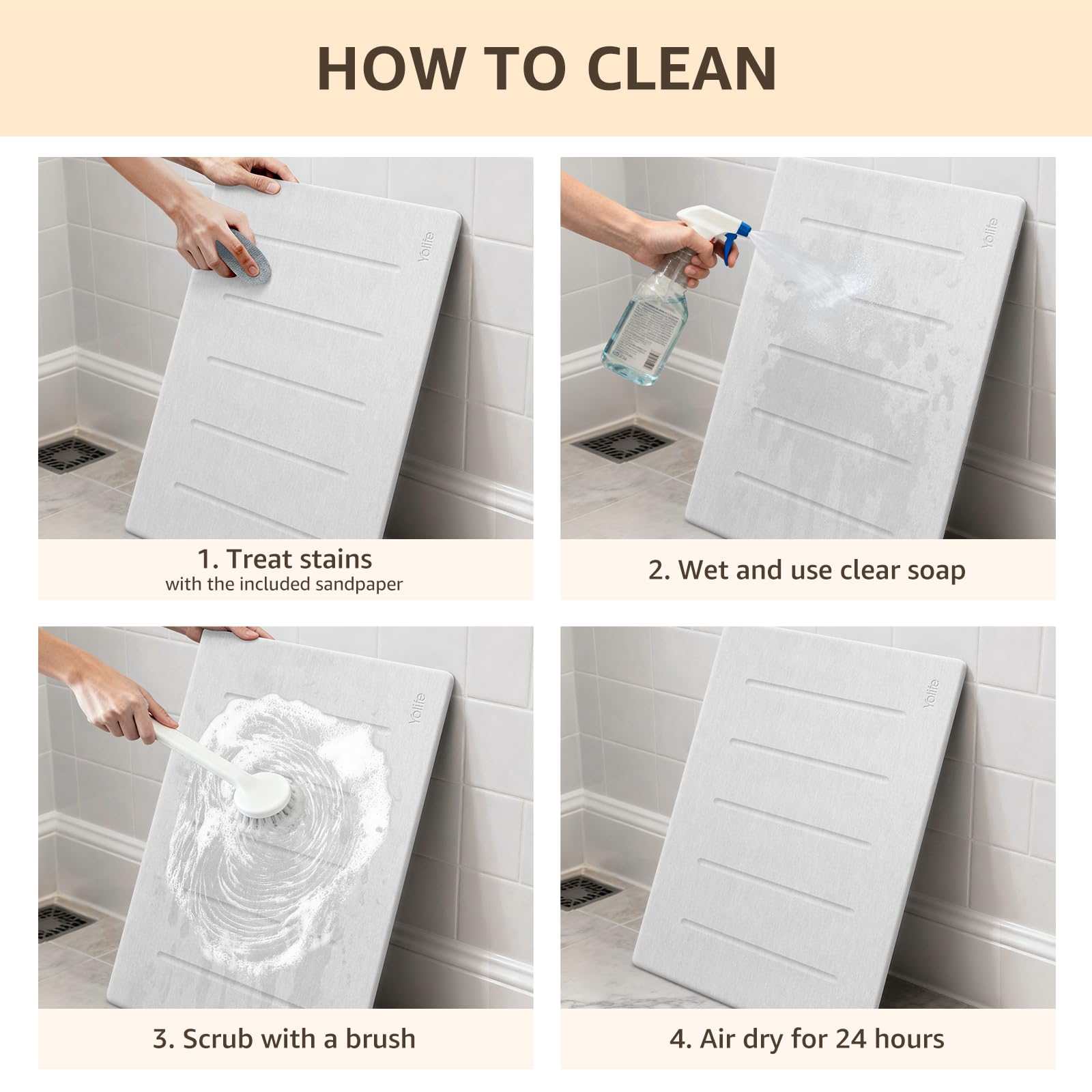 Yolife easy-clean diatomite mat; rinse or sand to refresh absorbency